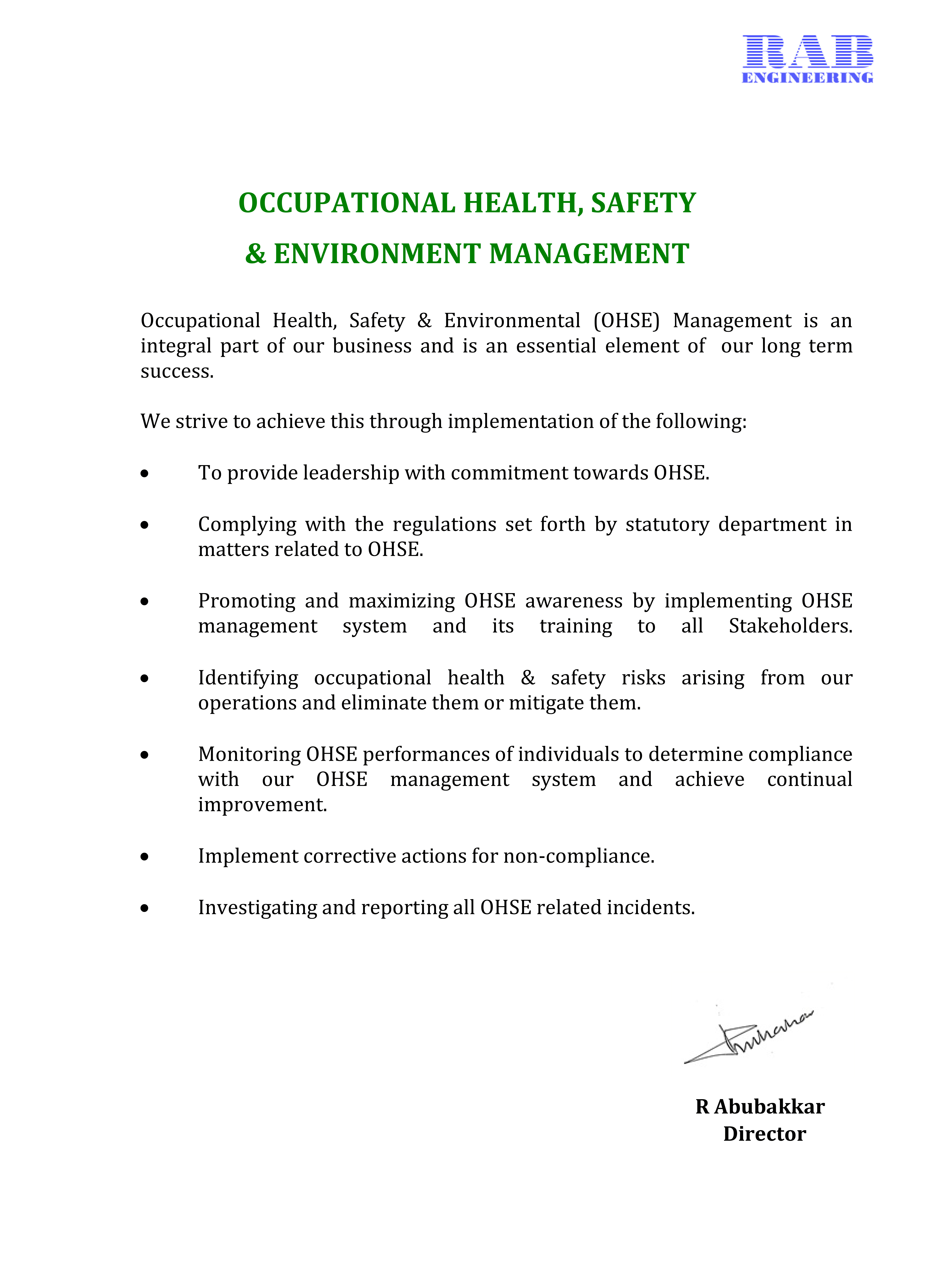 RAB Engineering management team focusing on safety and environmental policies